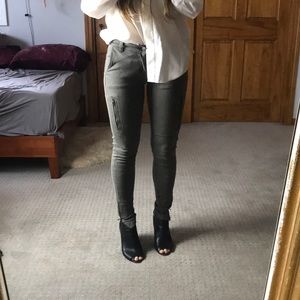 Olive green zippered ankle moto pants